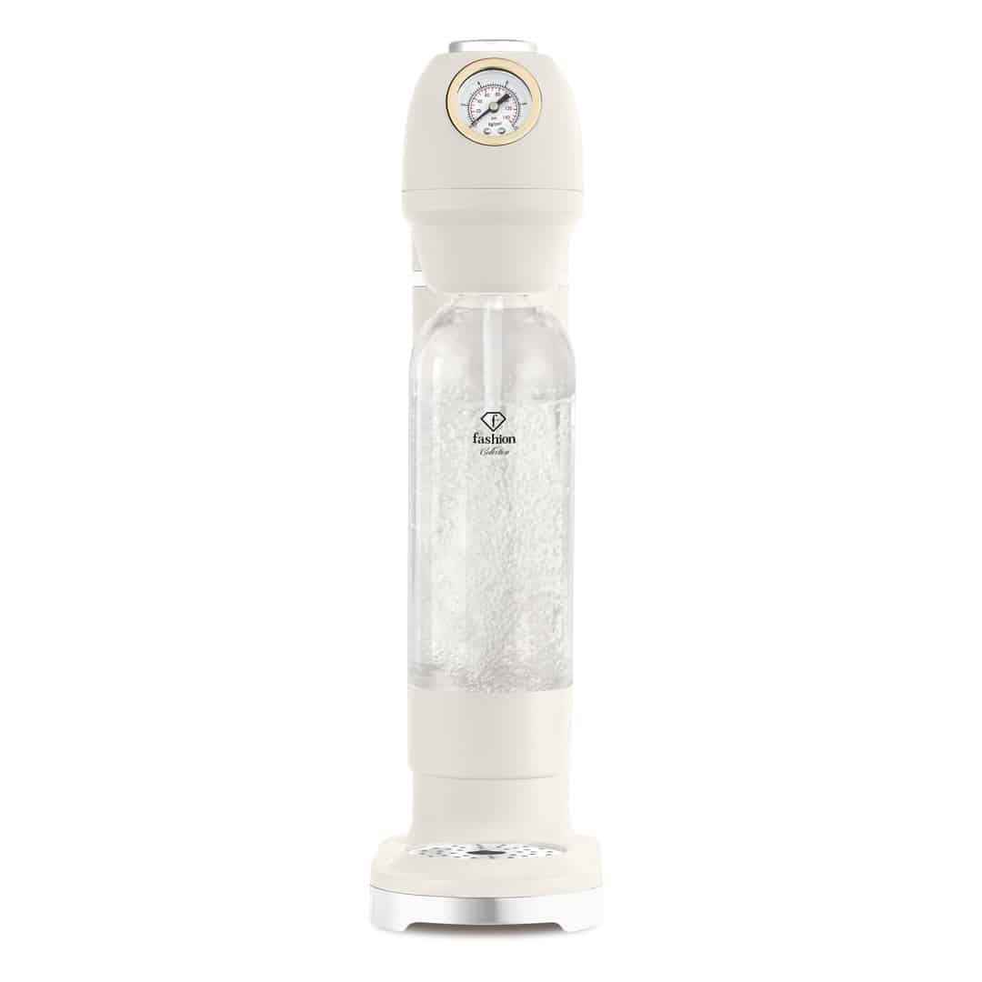 Soda maker with 2 bottles (Cream gold). Front view of the product.