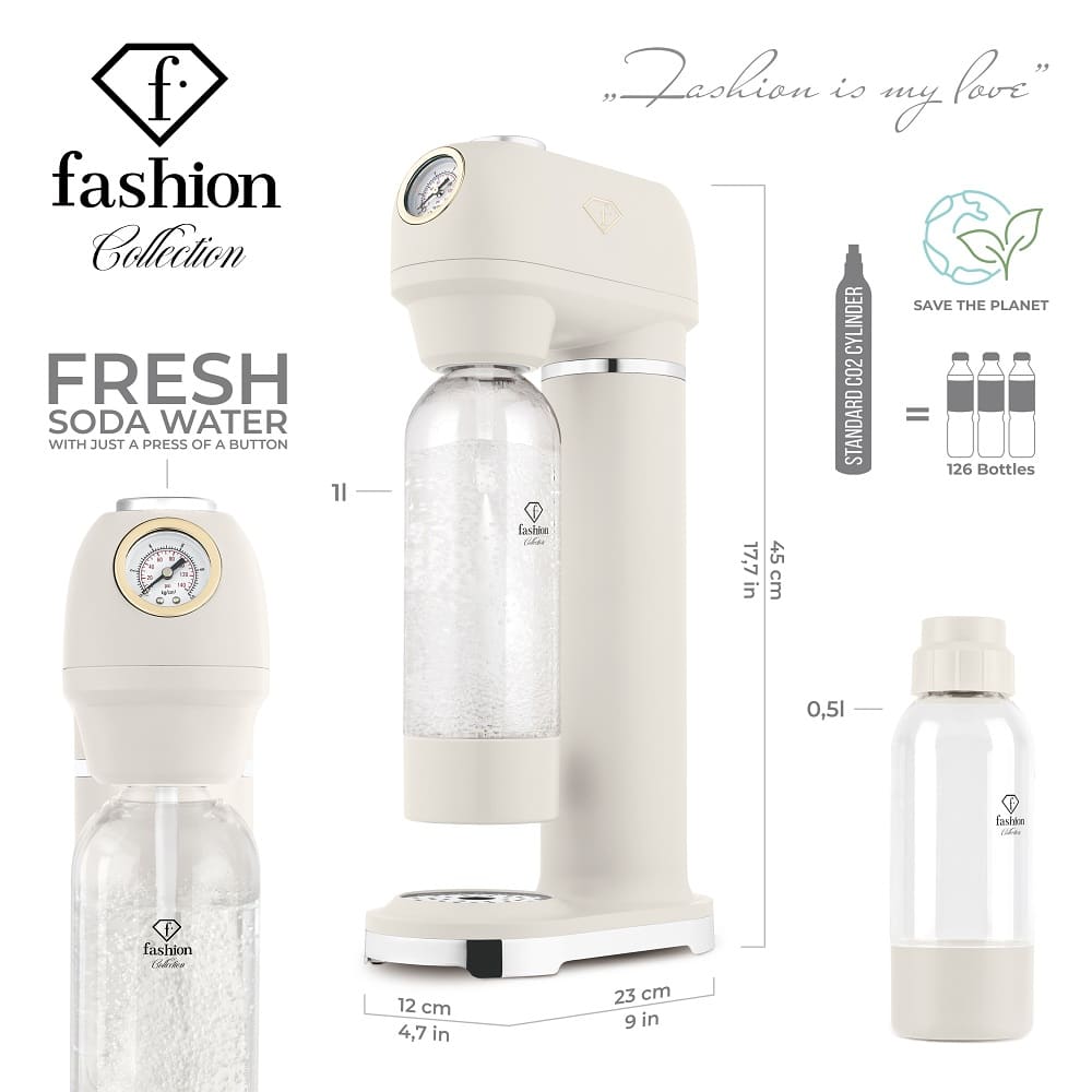 Soda maker with 2 bottles (Cream gold). Manufacturer’s illustration of product details.