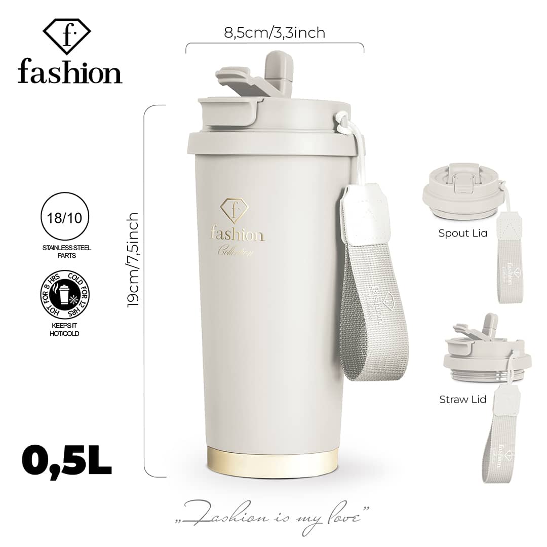 Duplafalú utazóbögre, 500 ml (Krém, arany). Méretrajz a termék több nézetével.