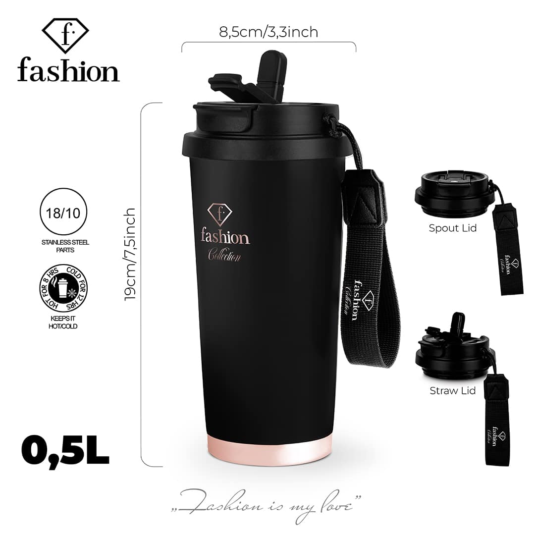 Duplafalú utazóbögre, 500 ml (Fekete, rozéarany). Méretrajz a termék több nézetével.