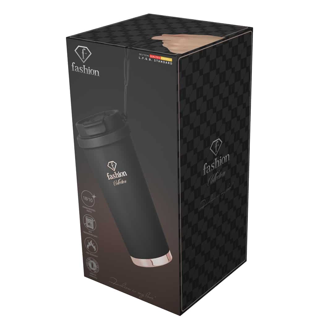 Duplafalú utazóbögre, 500 ml (Fekete, rozéarany). A termék gyártói doboza.