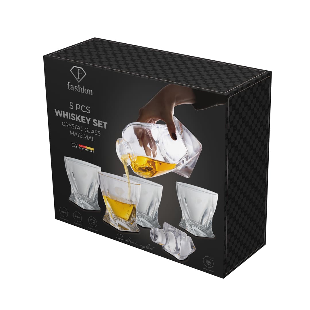 Whiskyszett 4 pohárral és üvegdekanterrel. A termék gyártói doboza.
