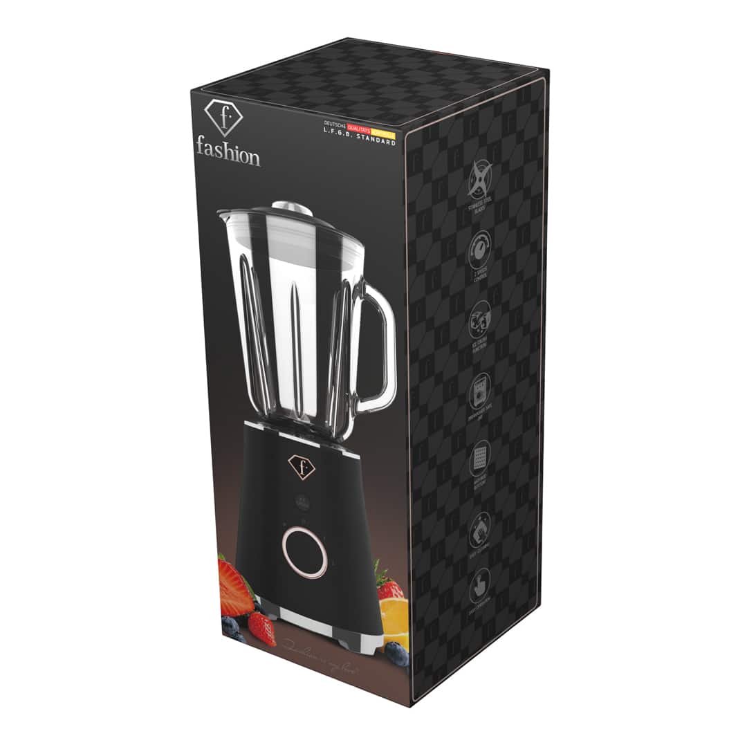 Turmixgép üvegkancsóval, 1,5 l (Fekete, rozéarany). A termék gyártói doboza.