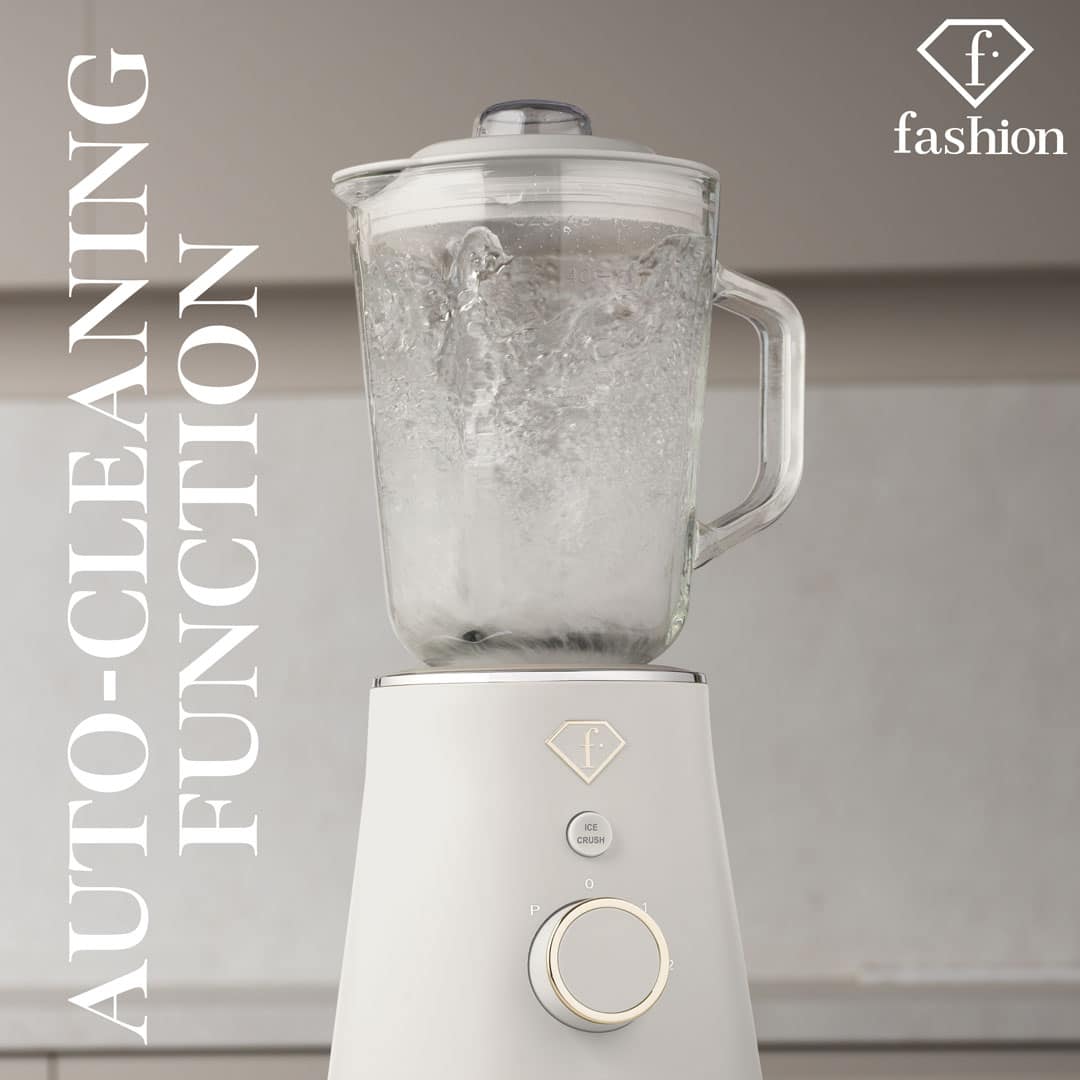 Blender kielichowy ze szklanym dzbankiem, 1,5 l (Kremowy ze złotem). Sekwencja zdjęć pokazująca używanie lub czyszczenie.