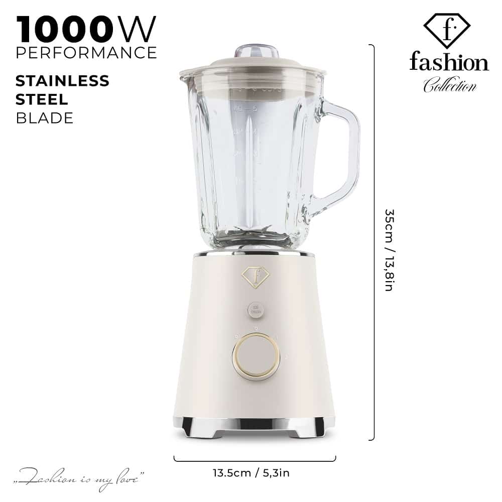 Blender kielichowy ze szklanym dzbankiem, 1,5 l (Kremowy ze złotem). Rysunek wymiarowy z widokami produktu.