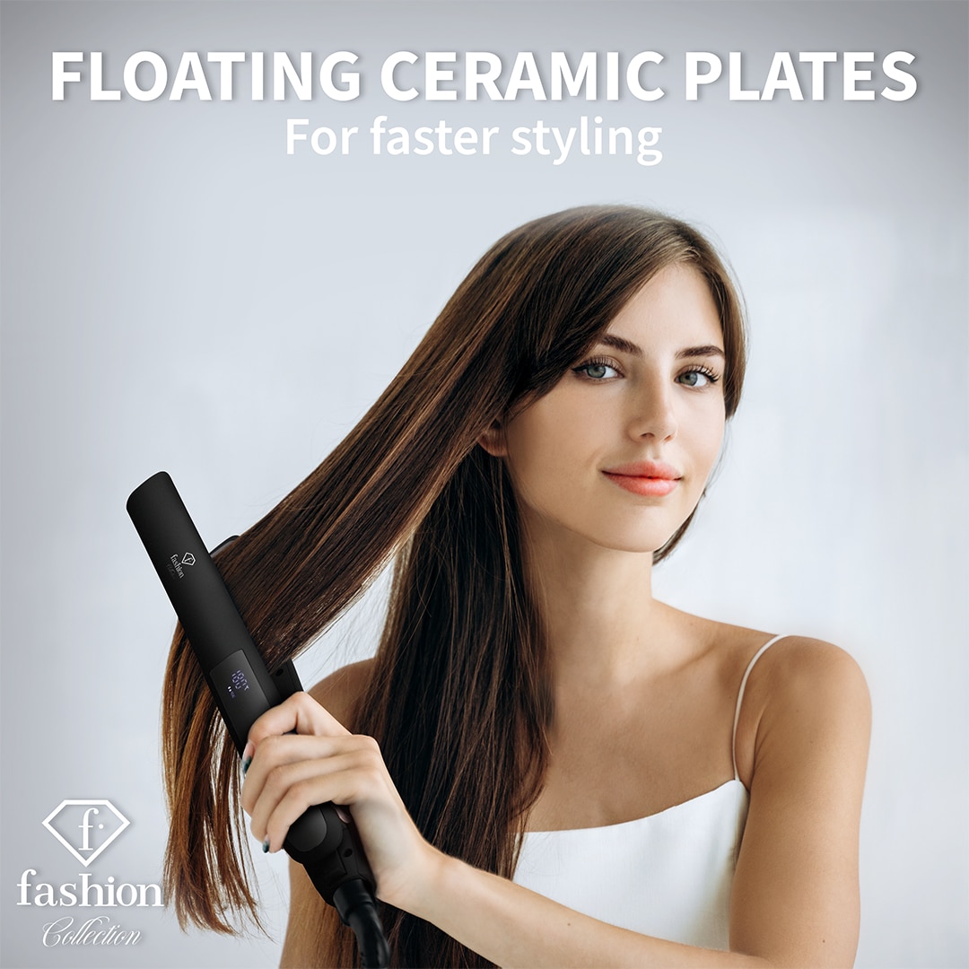 Digitales Glätteisen mit keramikbeschichteten Platten (Schwarz Roségold). Herstellerszene zur Haarstyling-Anwendung.