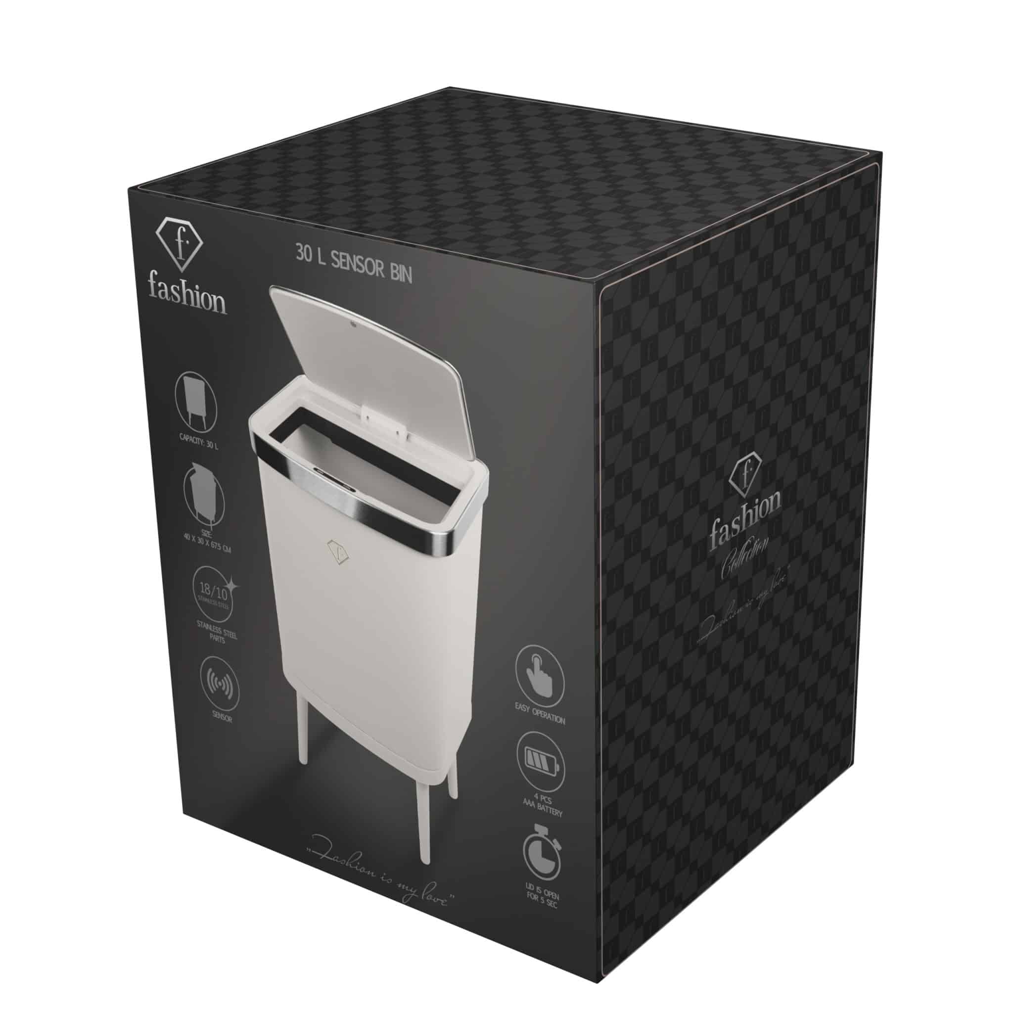 Érzékelős szemetes, 30 l (Krém, arany). A termék gyártói doboza.