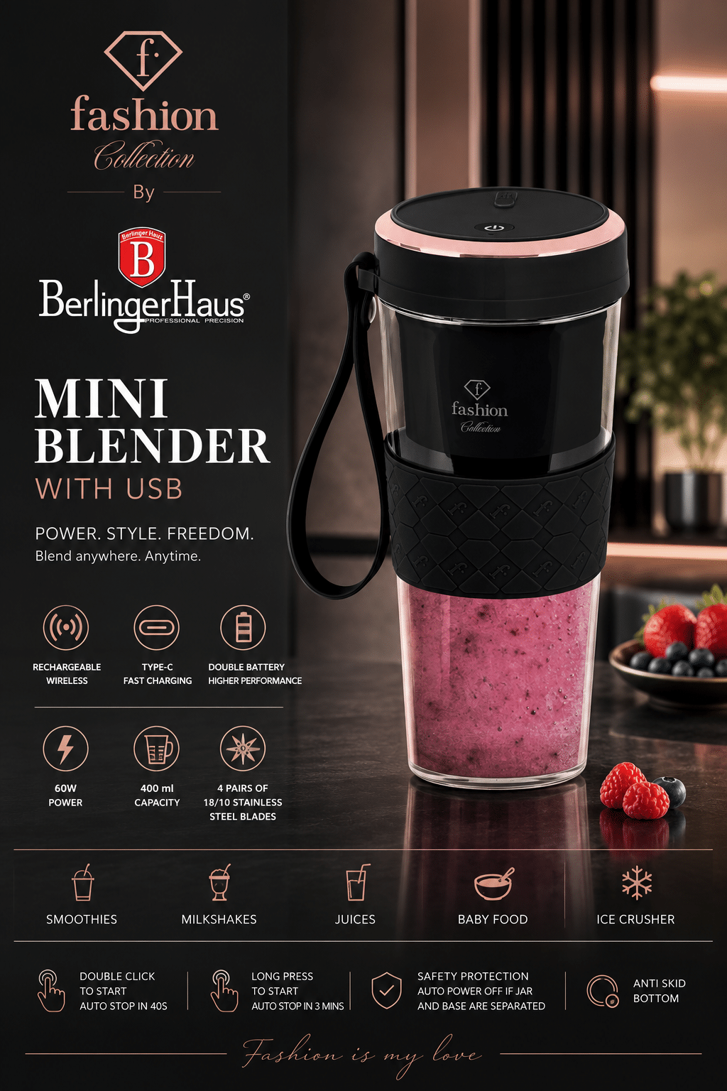 Tölthető mini turmixgép, fekete és rózsaarany. Gyártói ábra a termék részleteiről.