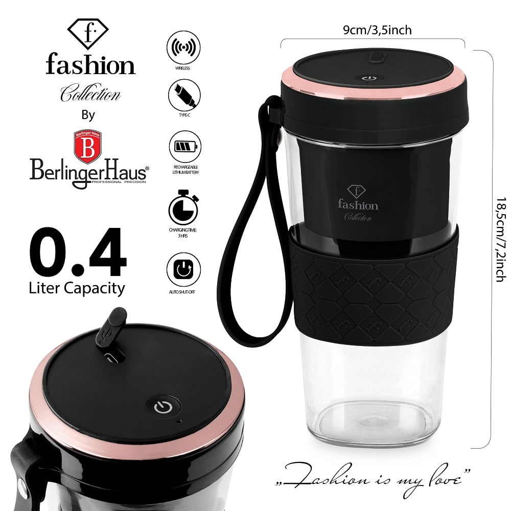 Tölthető mini turmixgép, fekete és rózsaarany. Méretrajz a termék több nézetével.