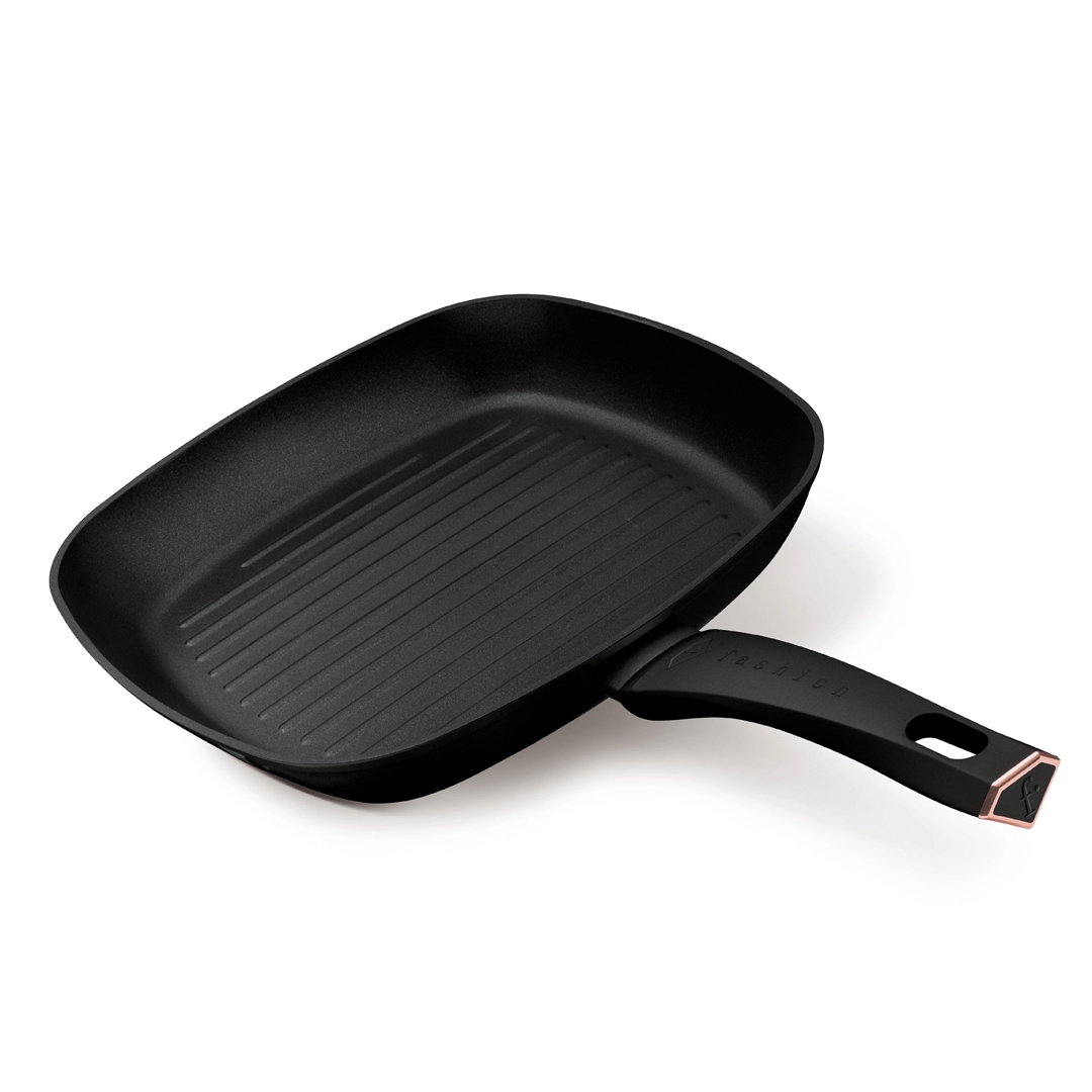 Tapadásmentes grillserpenyő, 28 cm (Fekete, rozéarany). Termékfotó világos háttéren.