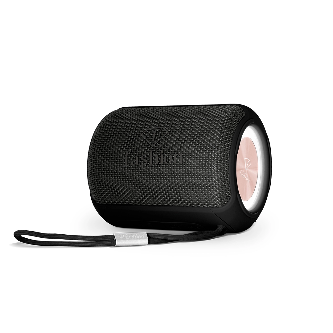 Kompakt Bluetooth-hangszóró, fekete és rózsaarany. Termékfotó világos háttéren.