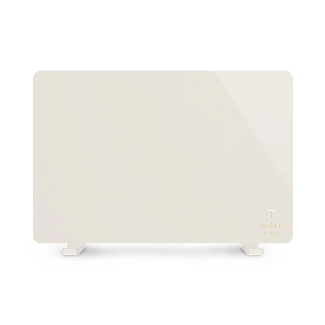 Üveg fűtőpanel Wi-Fi-vezérléssel, krém és arany. Termékfotó világos háttéren.