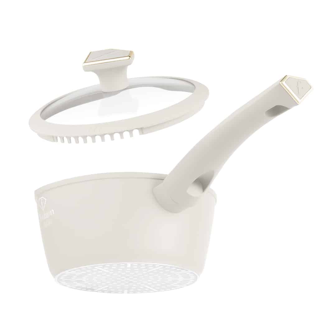 Nyeles lábas üvegfedővel, 16 cm, 1,2 l (Krém, arany). Az edény és a hozzá tartozó fedő külön bemutatva.