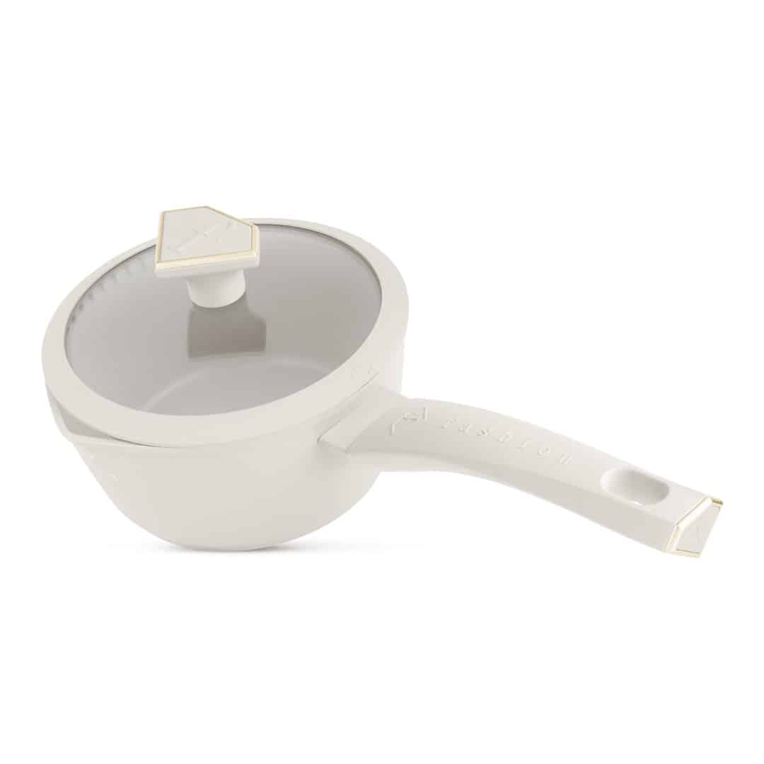 Nyeles lábas üvegfedővel, 16 cm, 1,2 l (Krém, arany). A termék ferde nézetből.