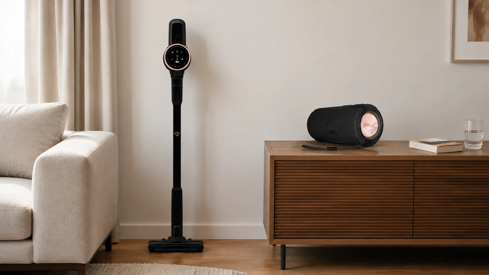 Fekete és rózsaarany porszívó egy kanapé mellett, Bluetooth-hangszóró a fa komódon.